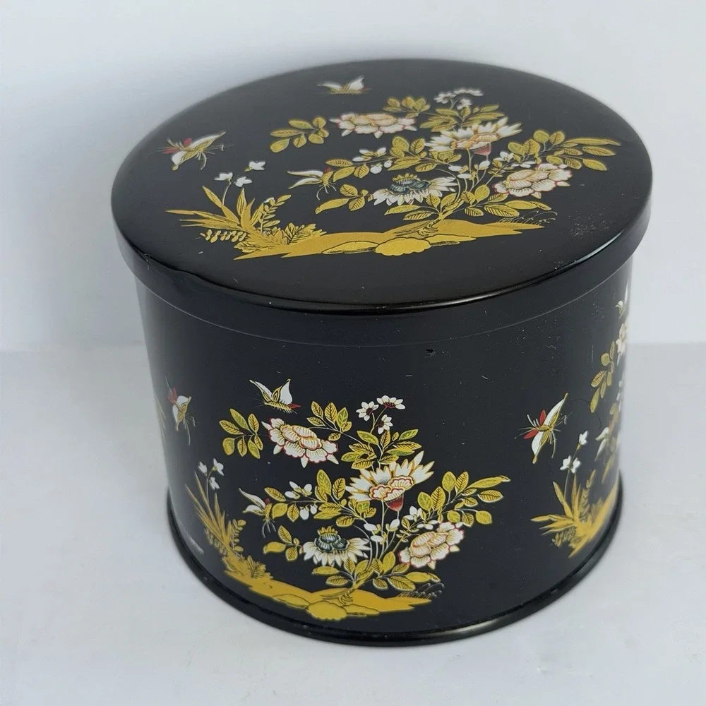 VTG Black & Gold Floral Midcentury Tin W/ lid, Asian Design Floral Trinket Box
